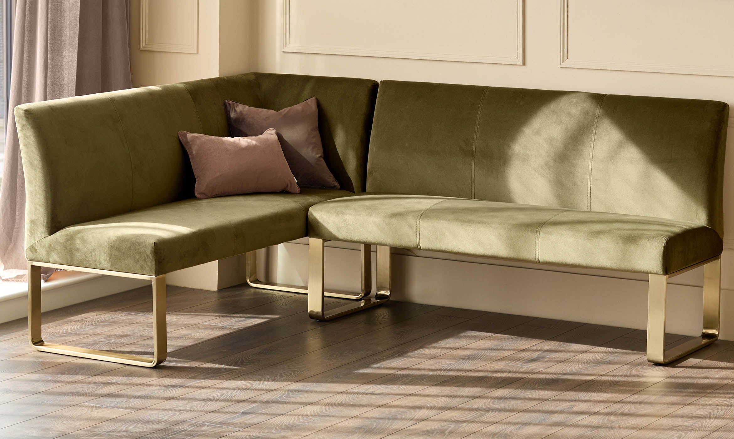 Loop olive green velvet brushed brass right hand corner 5 seater dining bench