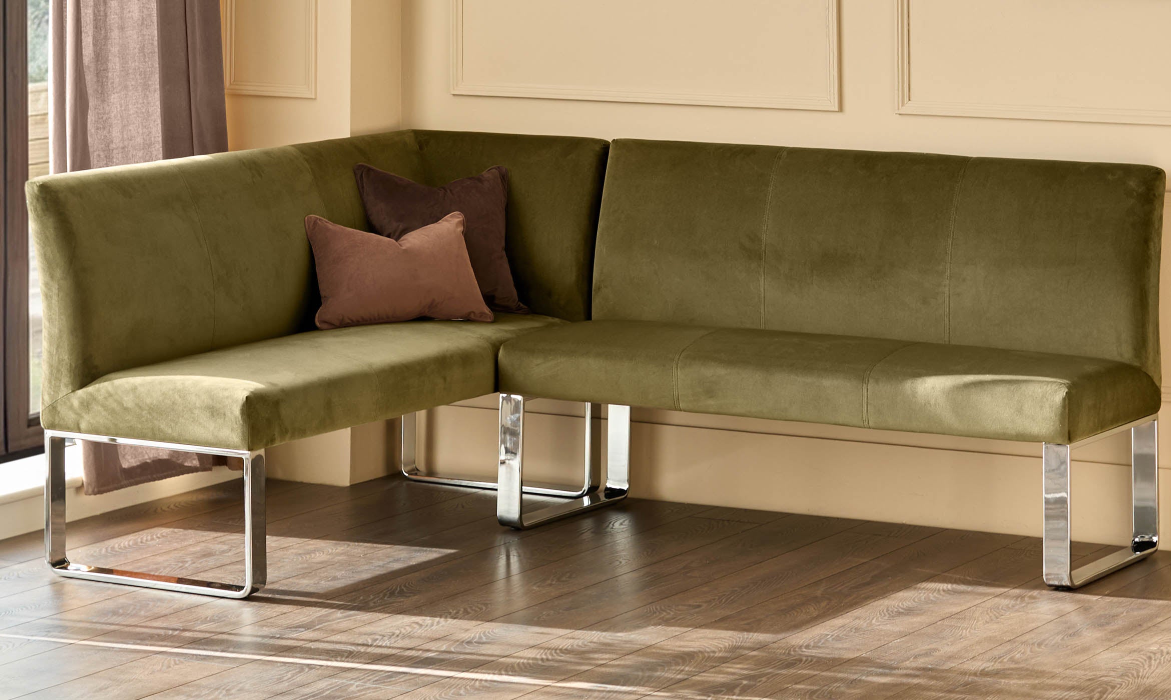 Loop olive green velvet chrome right hand corner 5 seater dining bench
