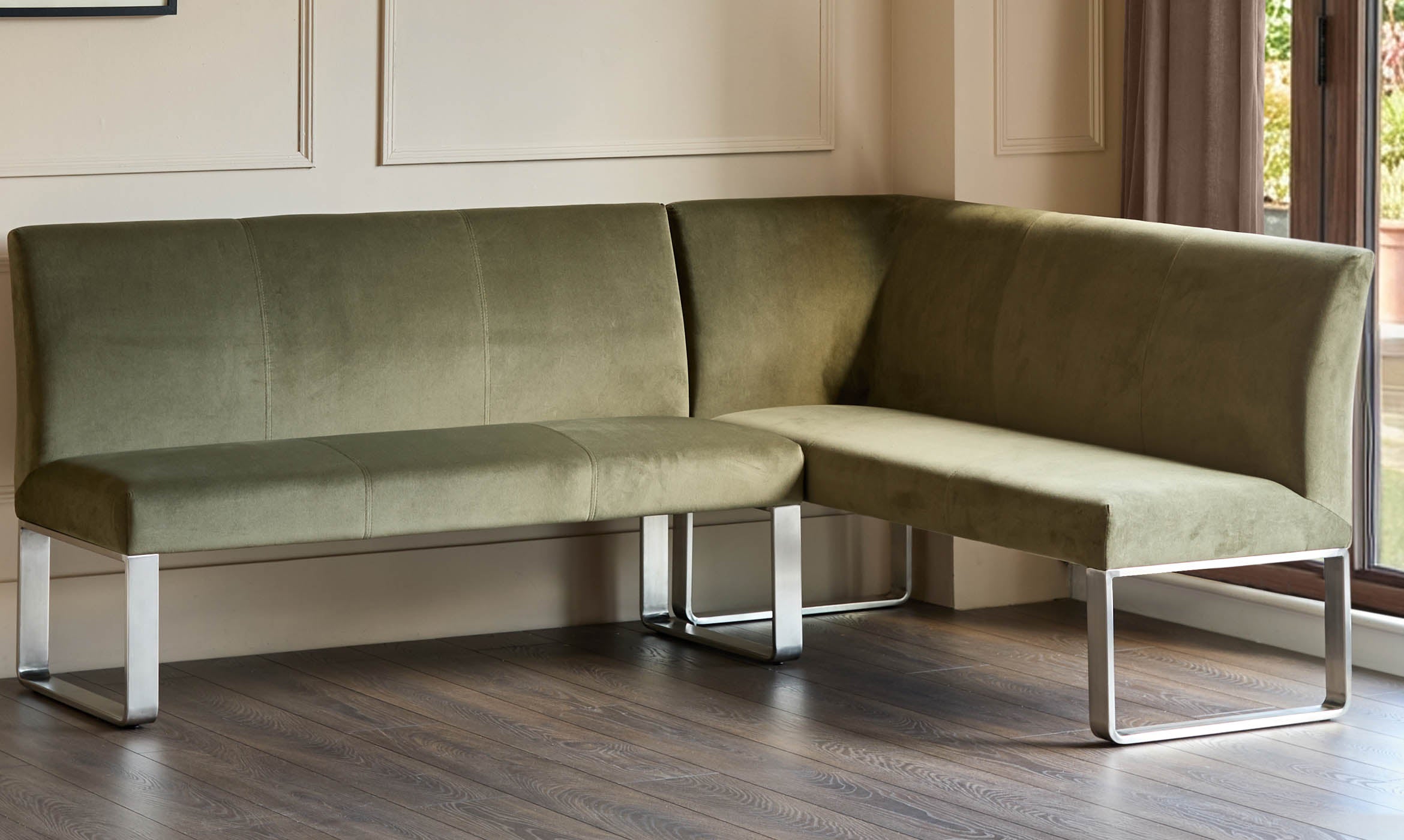 Loop olive green velvet stainless steel left hand corner 5 seater dining bench
