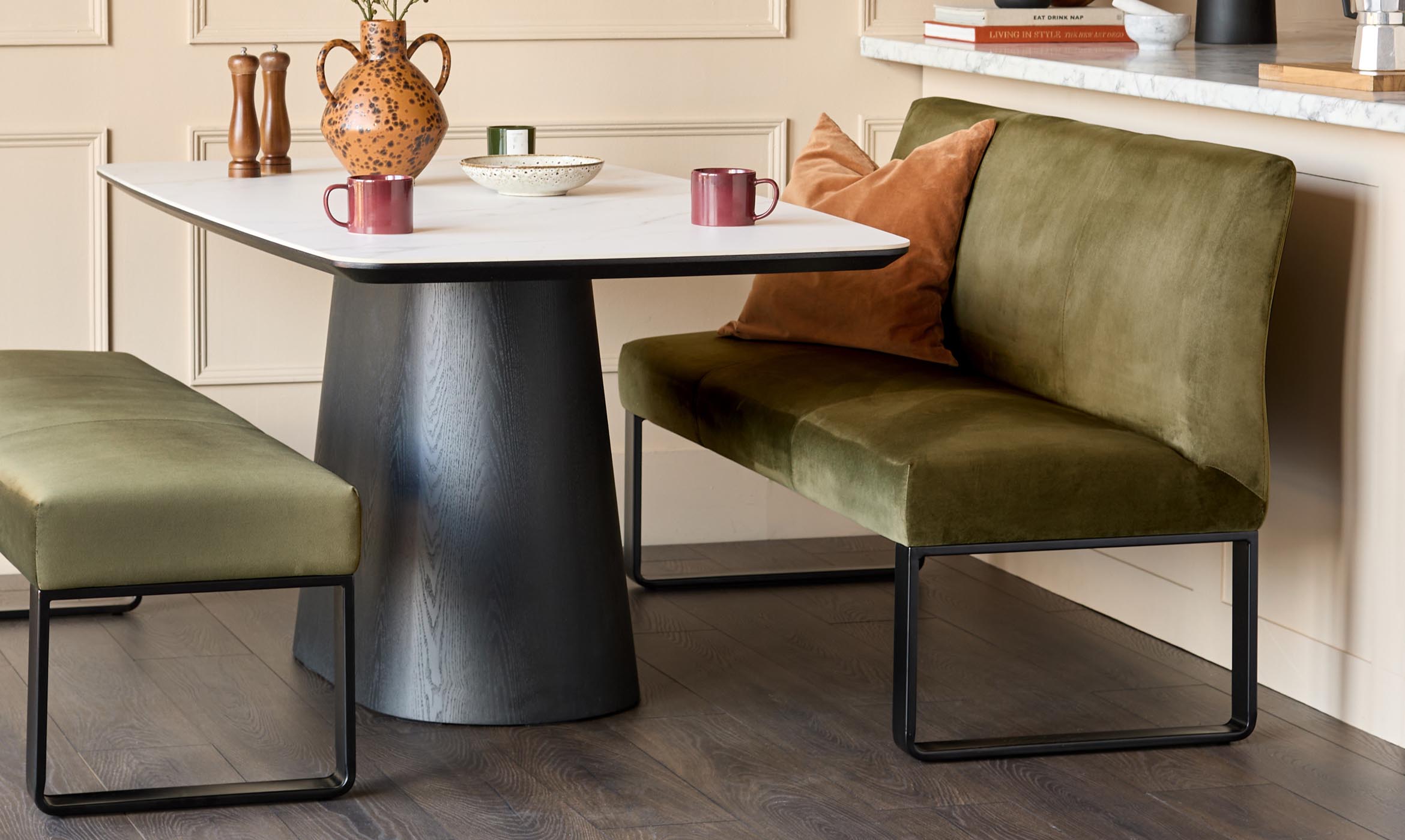 Loop olive green velvet 3 seater black metal dining bench without backrest