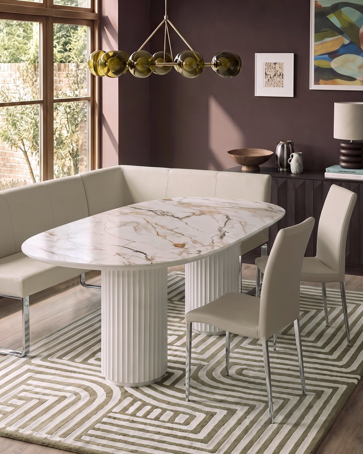 Natural ceramic 6 seater dining table with Elise light grey faux leather dining chairs & left corner dining bench set