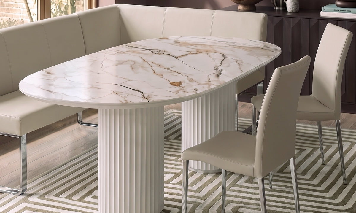 Natural ceramic 6 seater dining table with Elise light grey faux leather dining chairs & left corner dining bench set