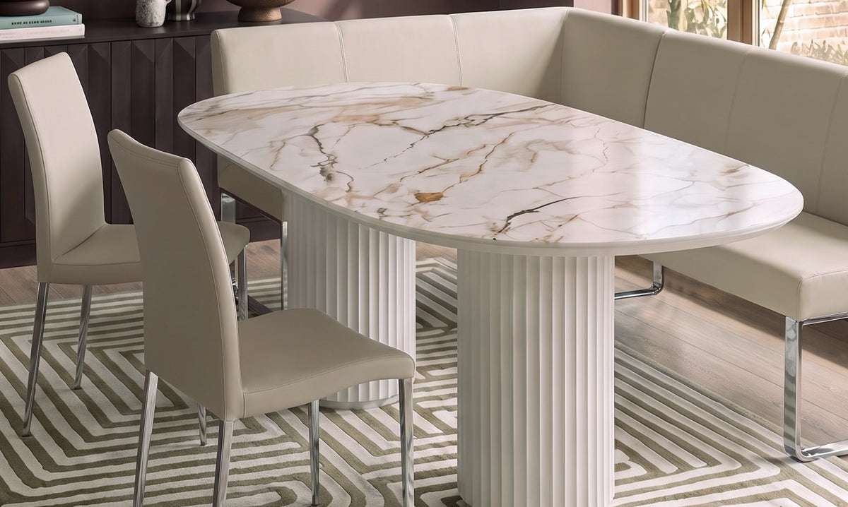 Natural ceramic 6 seater dining table with Elise light grey faux leather dining chairs & right corner dining bench set