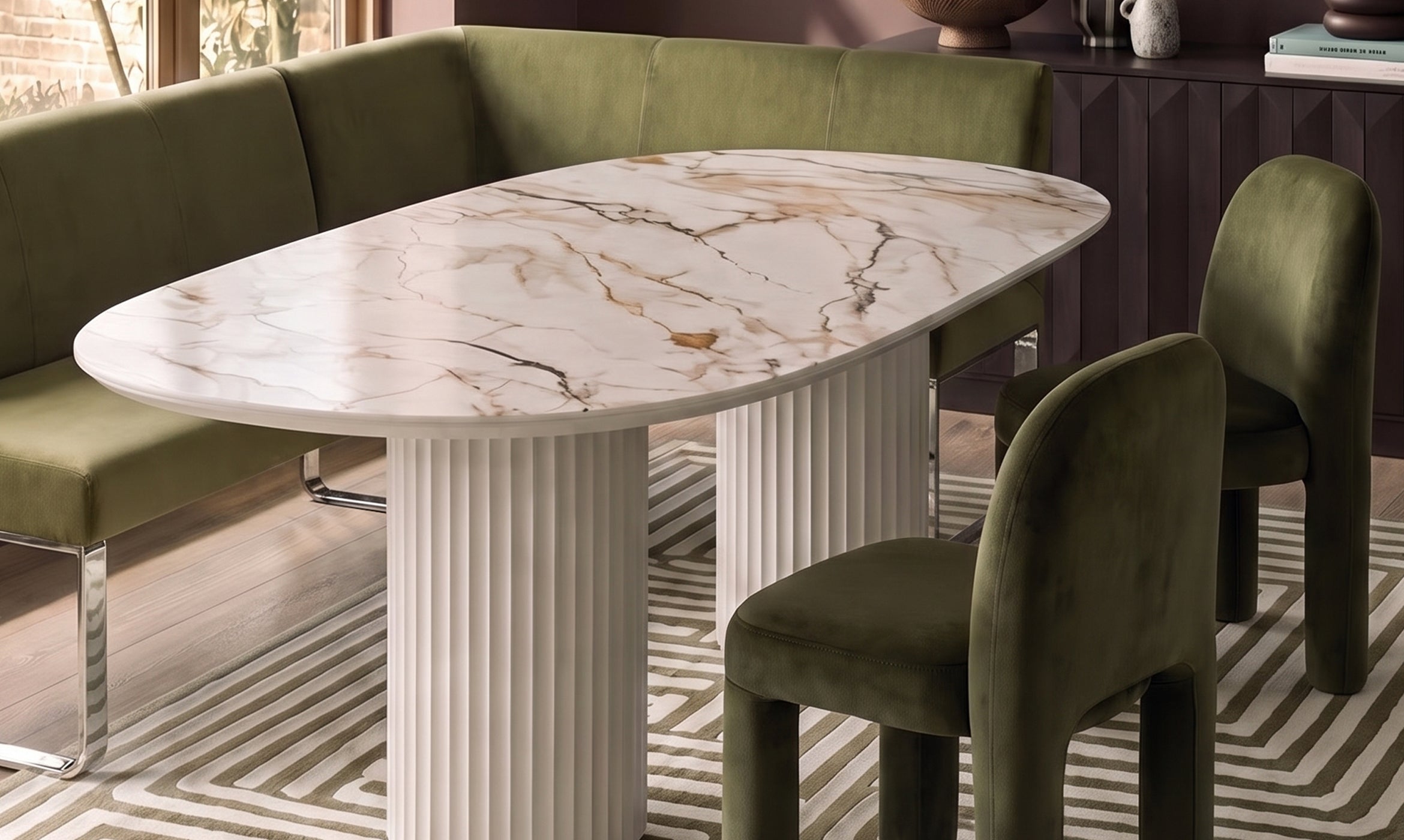 Natural ceramic 6 seater dining table with Mason olive green velvet dining chairs & left corner dining bench set