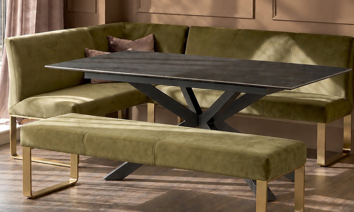 Dark grey ceramic 6-8 extending dining table with olive green right corner & 3 seater dining bench set