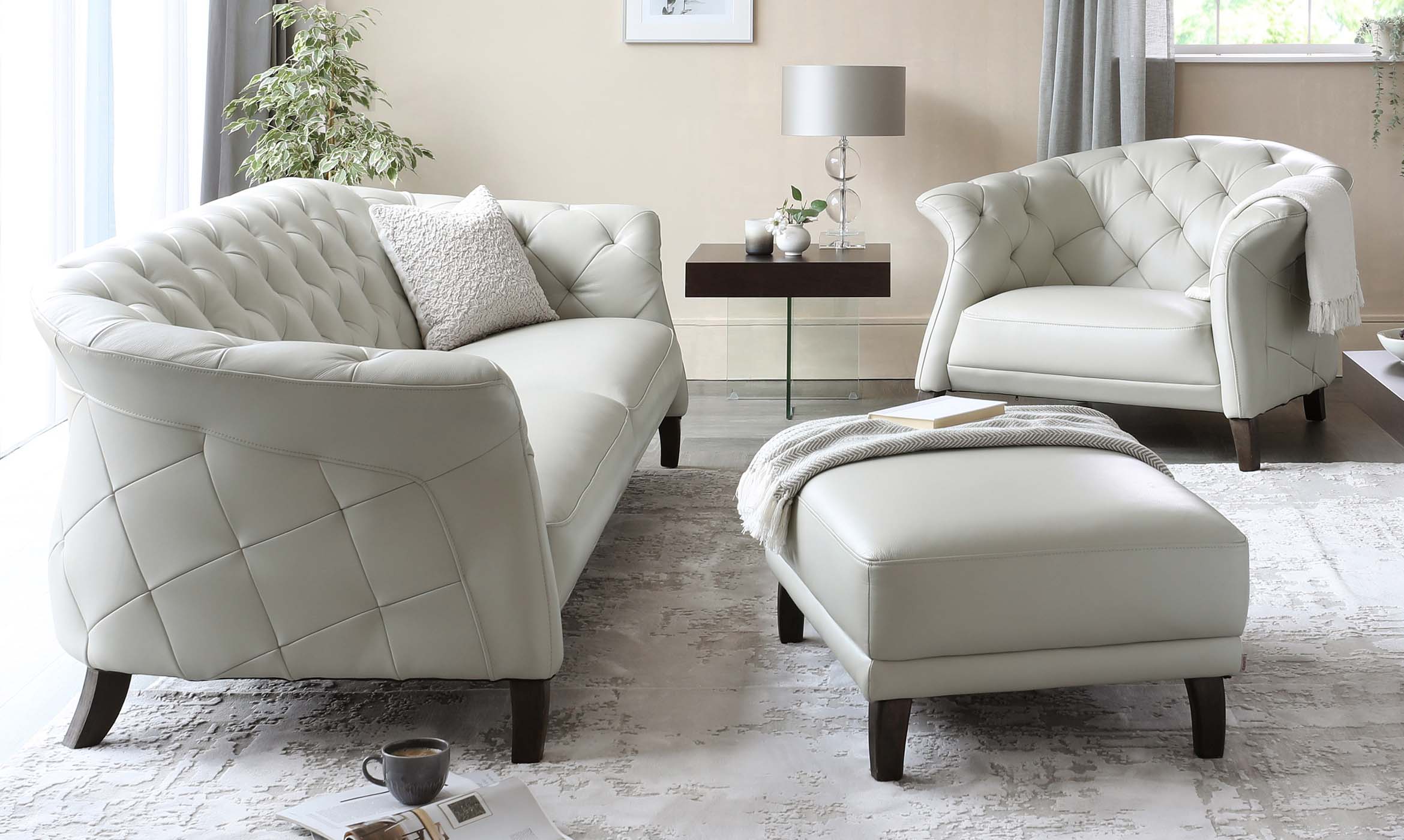 Luxe Modern Natural Grey Leather With Dark Wood Leg Footstool