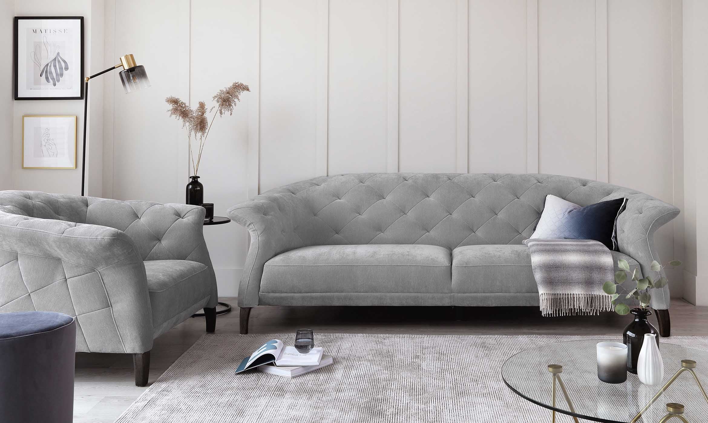 Luxe Modern Large 3 Seater Mid Grey Fabric Chesterfield Sofa