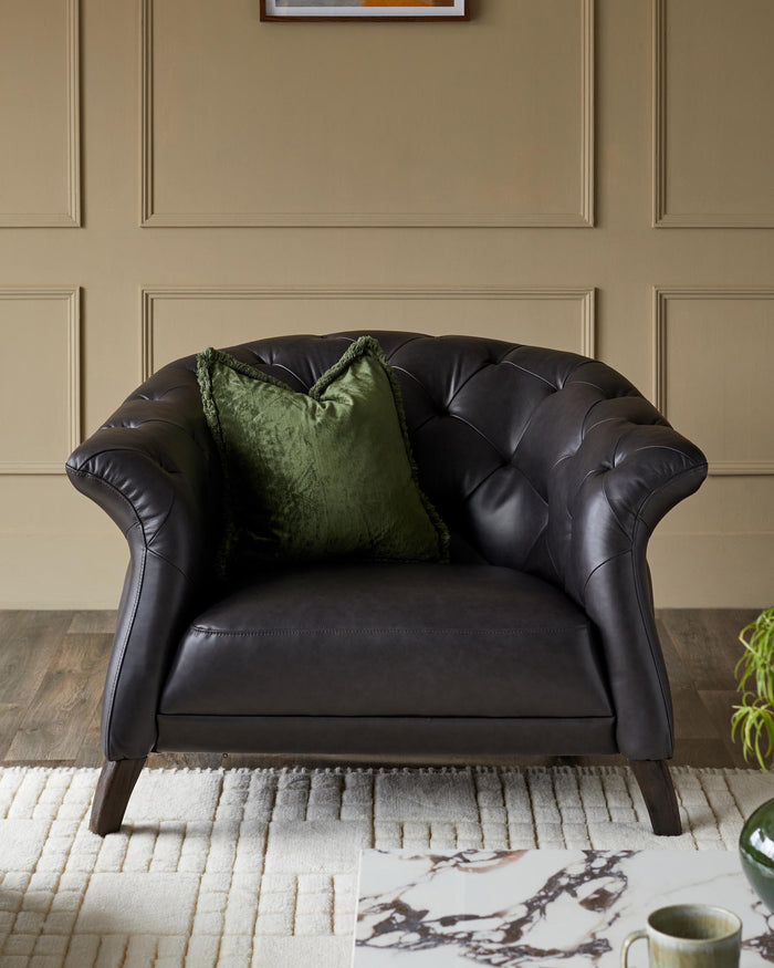 A stylish, dark leather armchair with a plush, green cushion, positioned on a patterned rug for a touch of elegance.