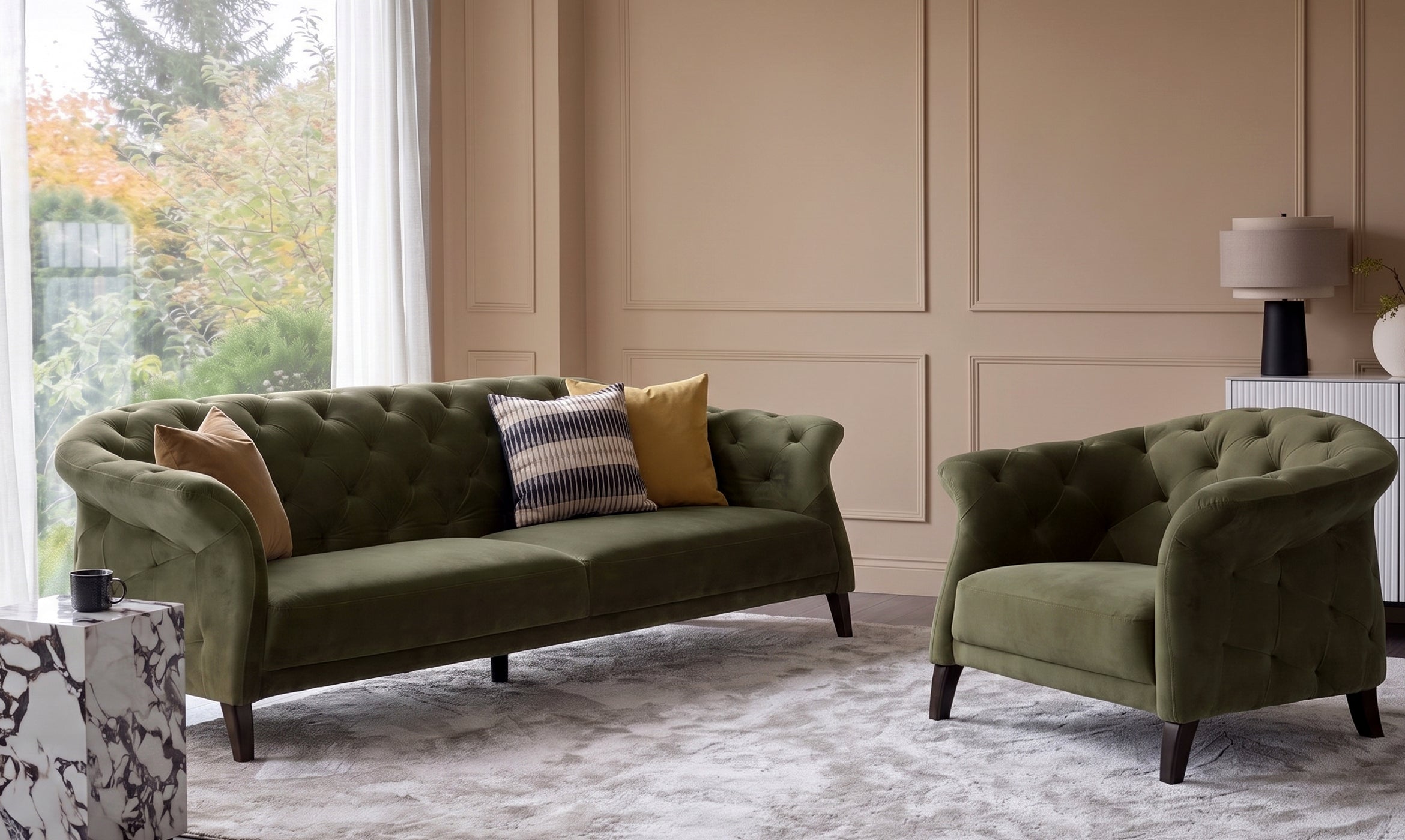 Luxe olive green velvet armchair