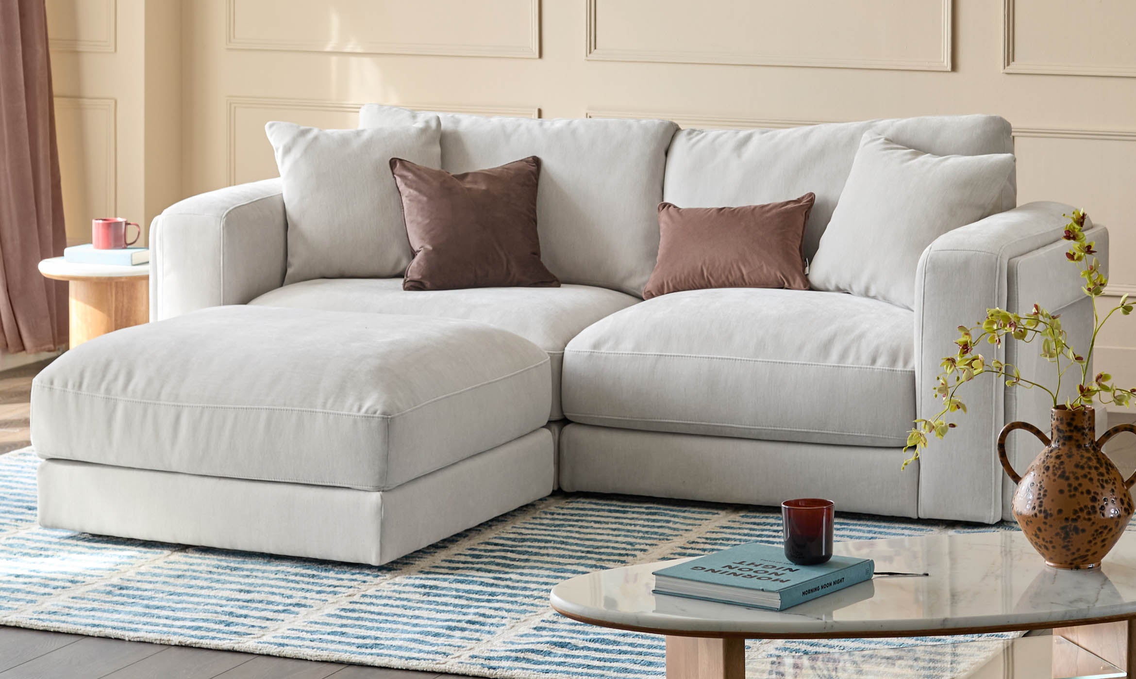 Lynetta natural grey chenille 3 seater sofa with footstool