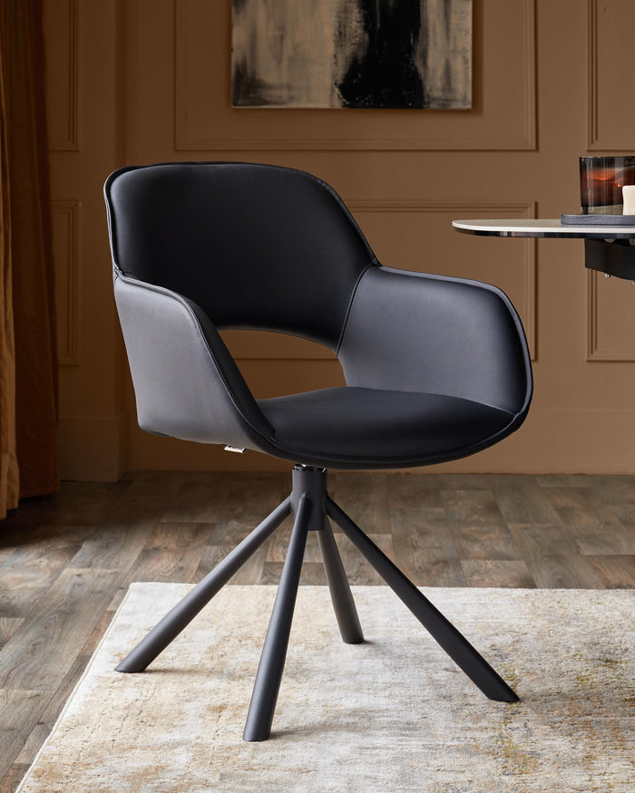 A stylish black swivel chair with a sleek, modern design. Perfect for a contemporary dining or office space.