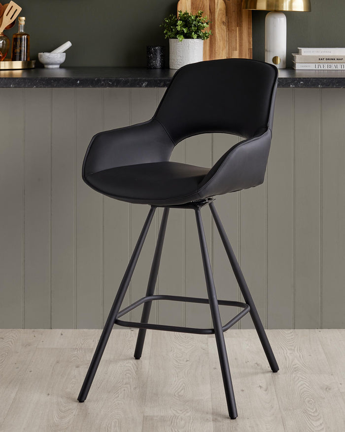 A stylish black swivel bar stool with a sleek design, perfect for modern kitchens and bars.