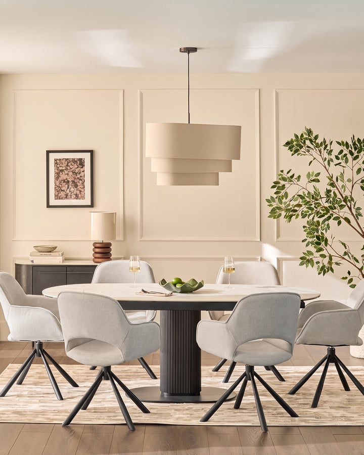 Marlow Swivel Black Metal Dining Chairs Light Grey Boucle