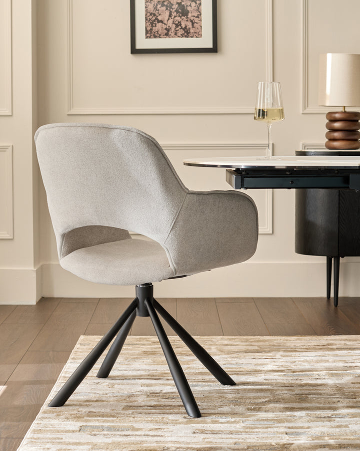 Marlow Swivel Black Metal Dining Chairs Light Grey Boucle