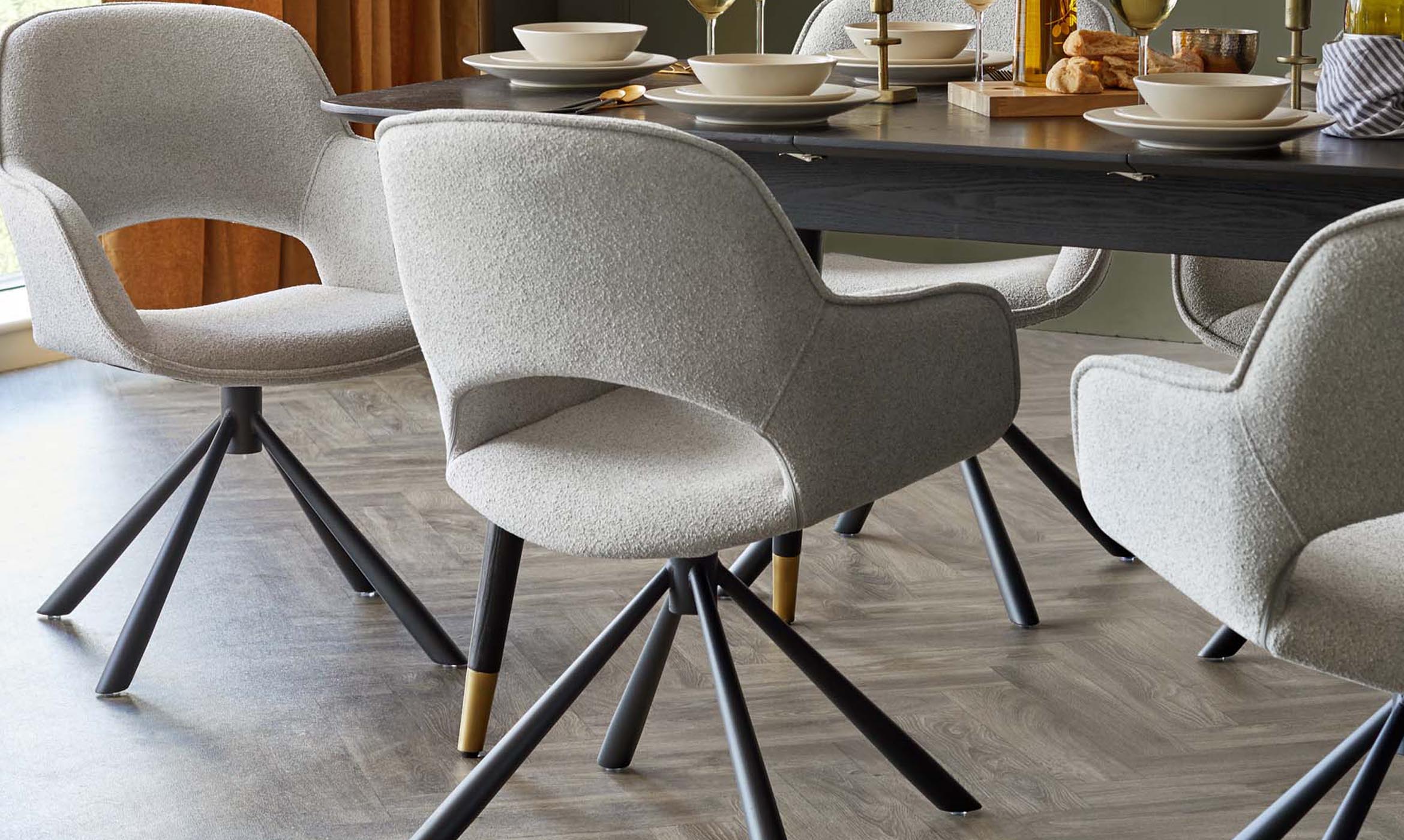 Marlow Swivel Black Metal Dining Chairs Light Grey Boucle