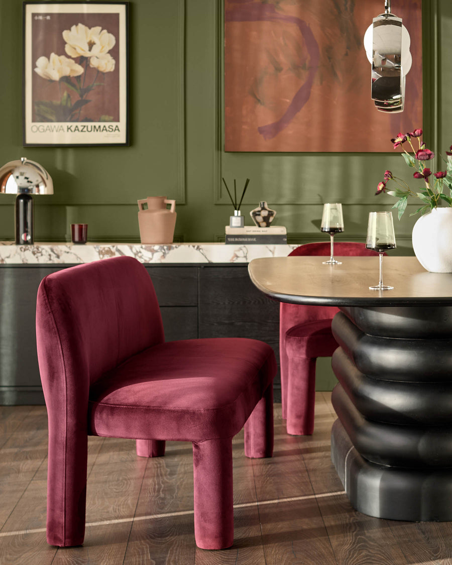 Mason 3-seater dining bench in plum velvet, shown in contemporary dining room setting