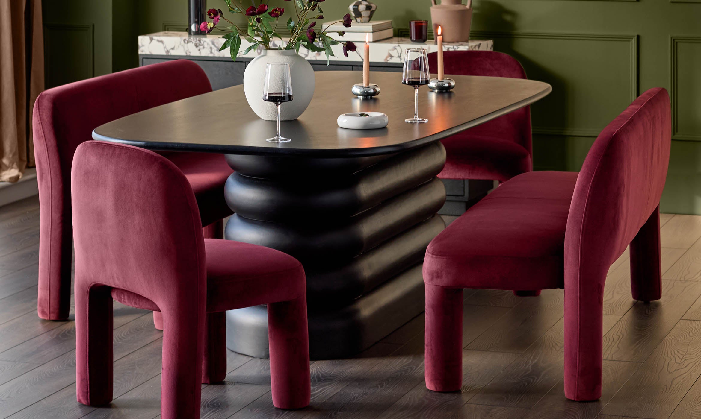 Mason plum velvet 3 seater dining bench