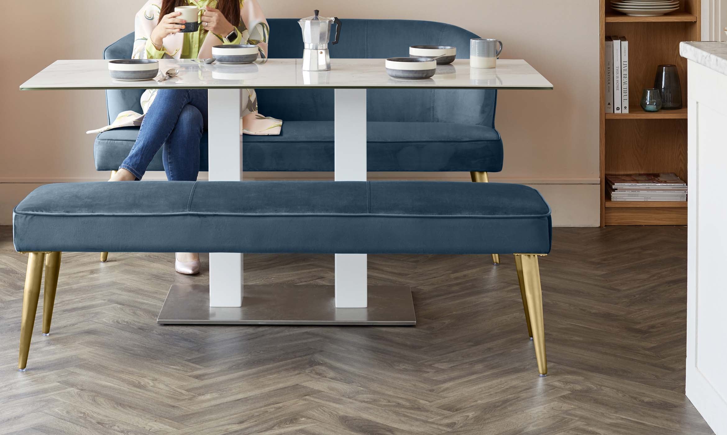 Mellow Dark Blue Velvet And Brass 3 Seater Bench Without Backrest