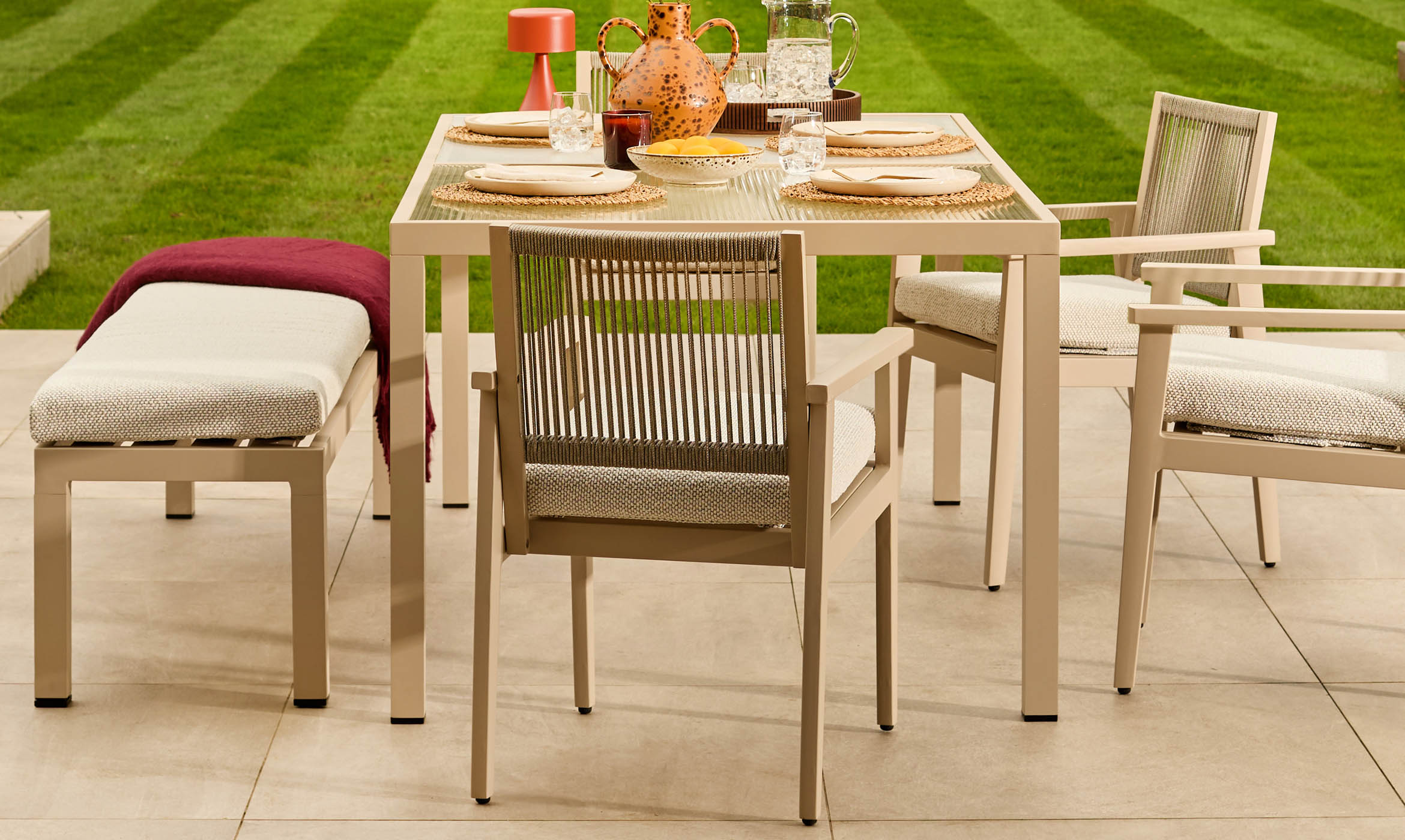 Minori natural garden dining table with 4 Minori natural dining chairs and 3 seater bench set