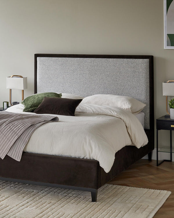 A brown bed with a textured headboard, alongside matching bedside tables and lamps, creating a cosy bedroom setting.