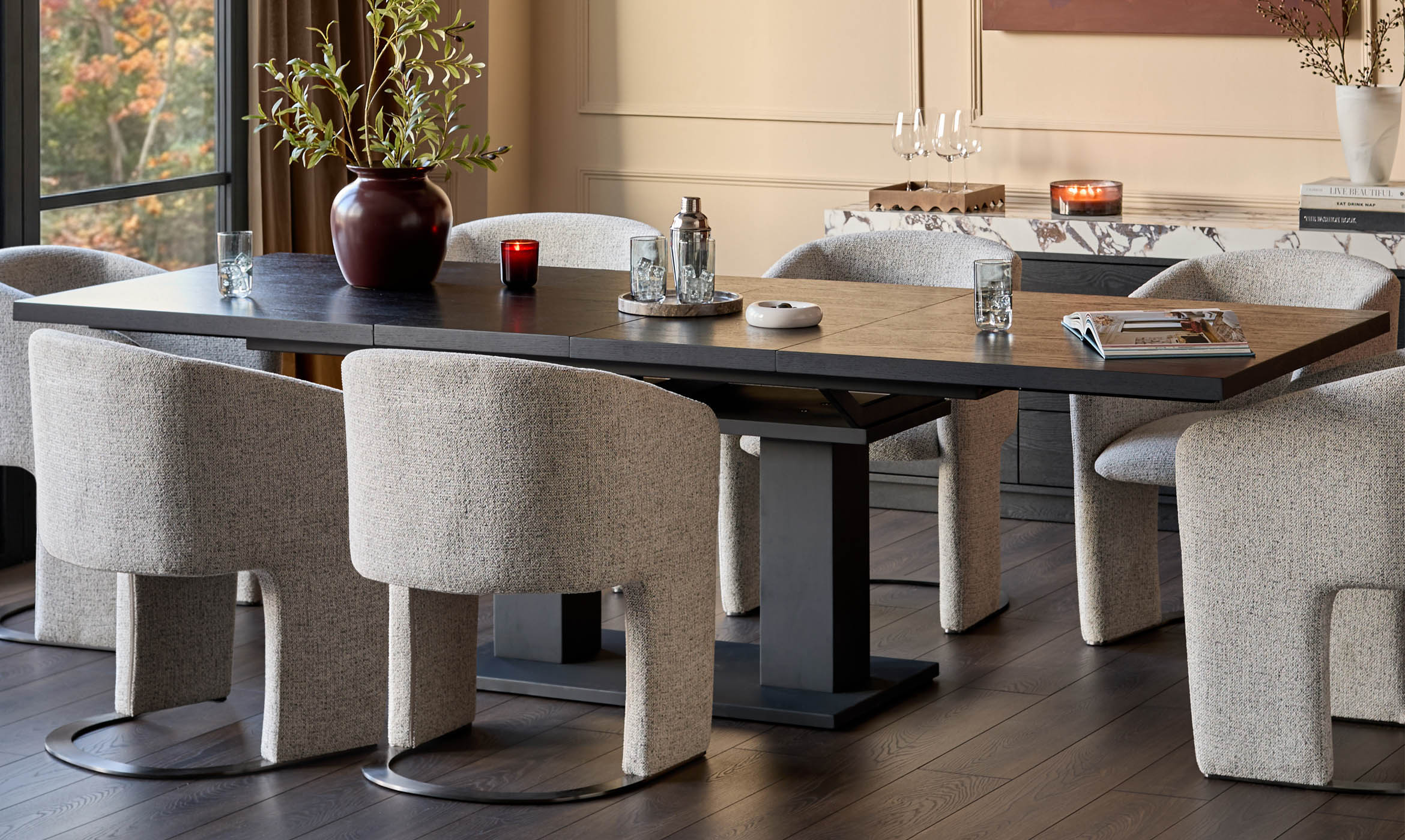 Leighton grey fabric black steel cantilever dining chair