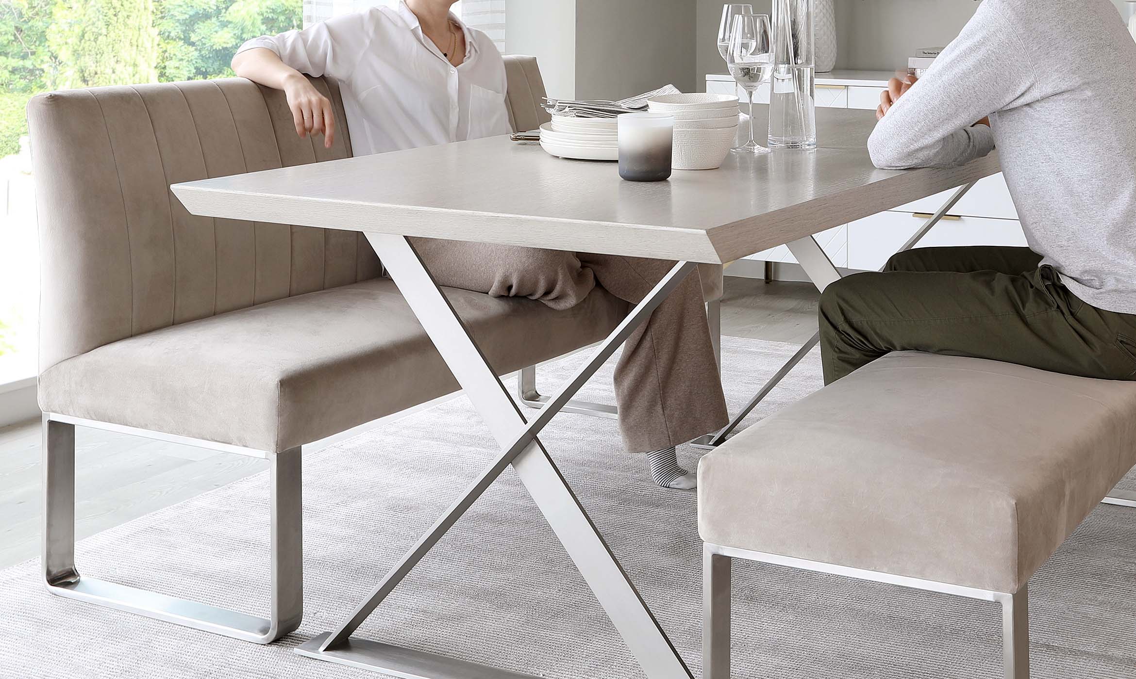 Ophelia 3 Seater Champagne Velvet Dining Bench With Backrest