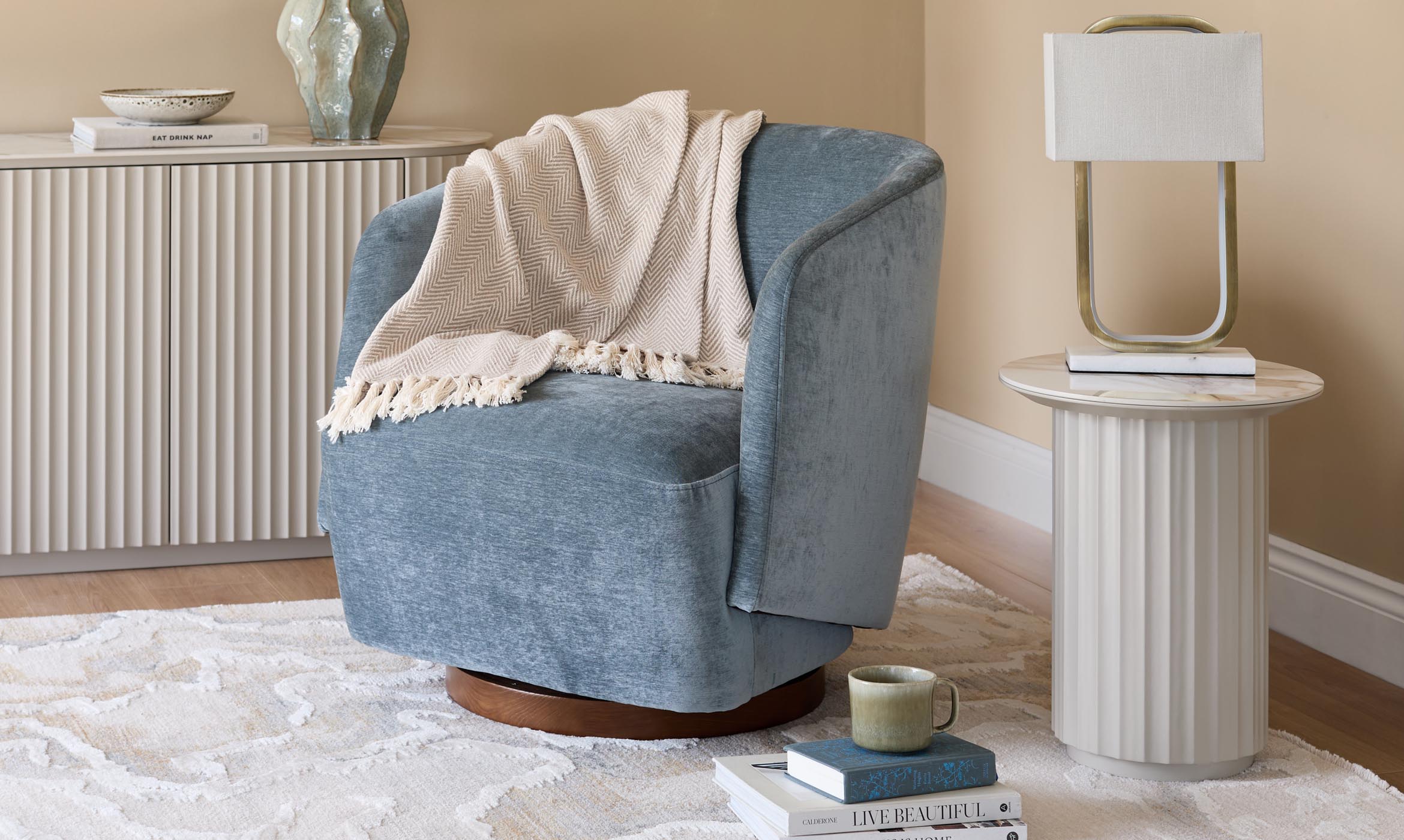 Natalia blue grey chenille swivel accent chair
