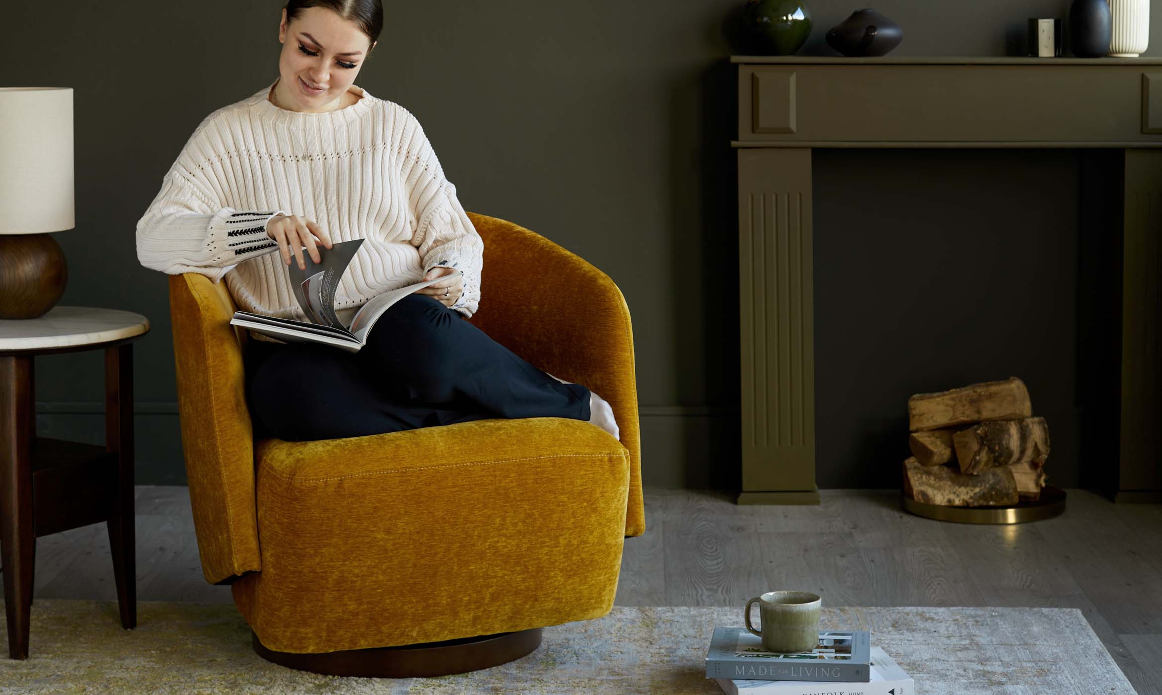 Natalia ochre chenille swivel accent chair