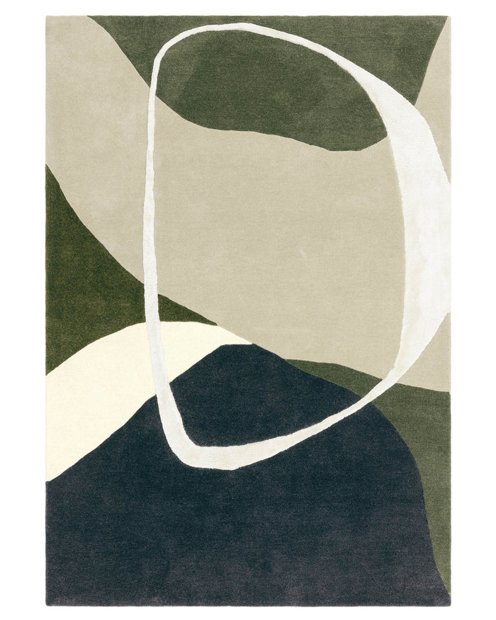 Abstract rug with a mix of earthy tones and a white oval design, perfect for adding a modern touch to any living space.
