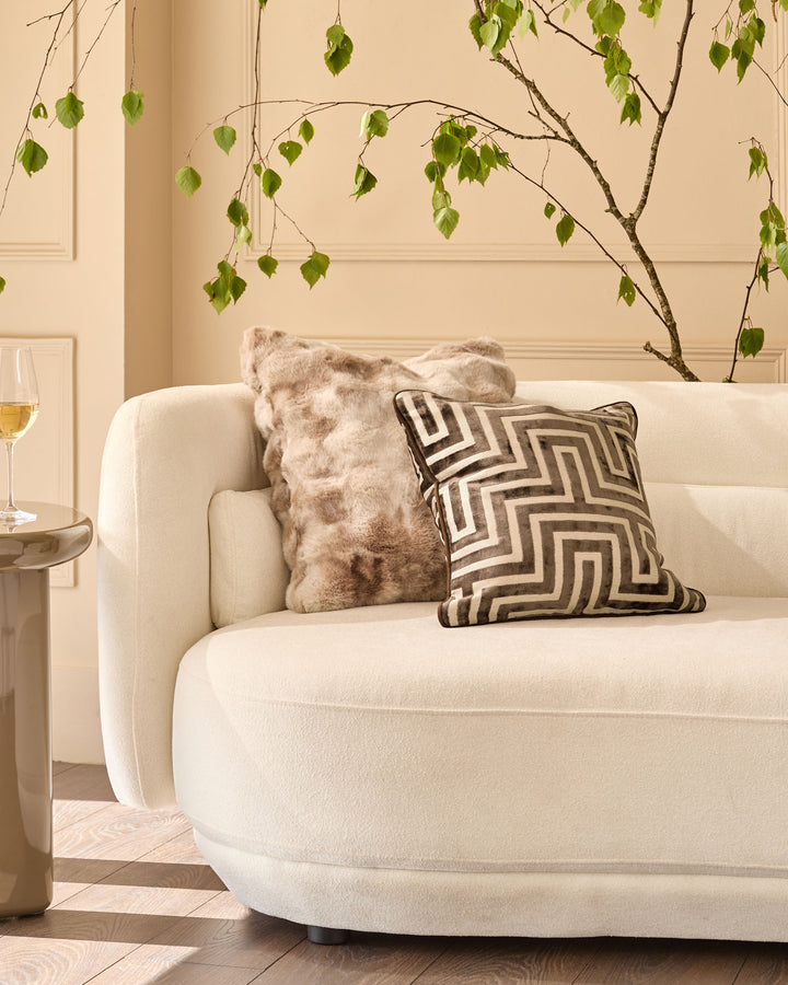 Chocolate geometric patterned cushion on cream curved sofa with hanging green foliage above.