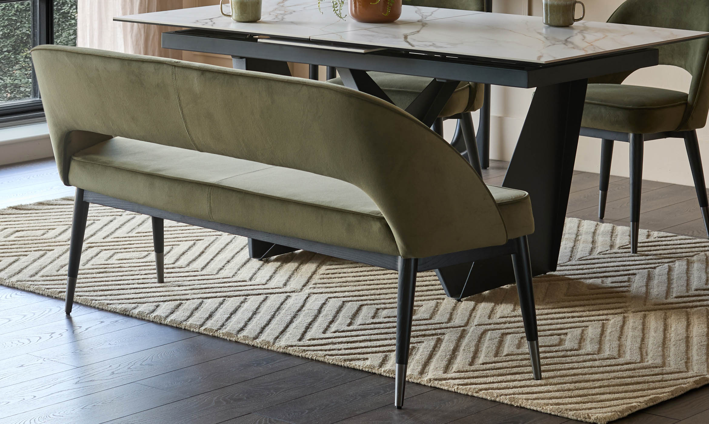 Clover olive green velvet dining bench with backrest