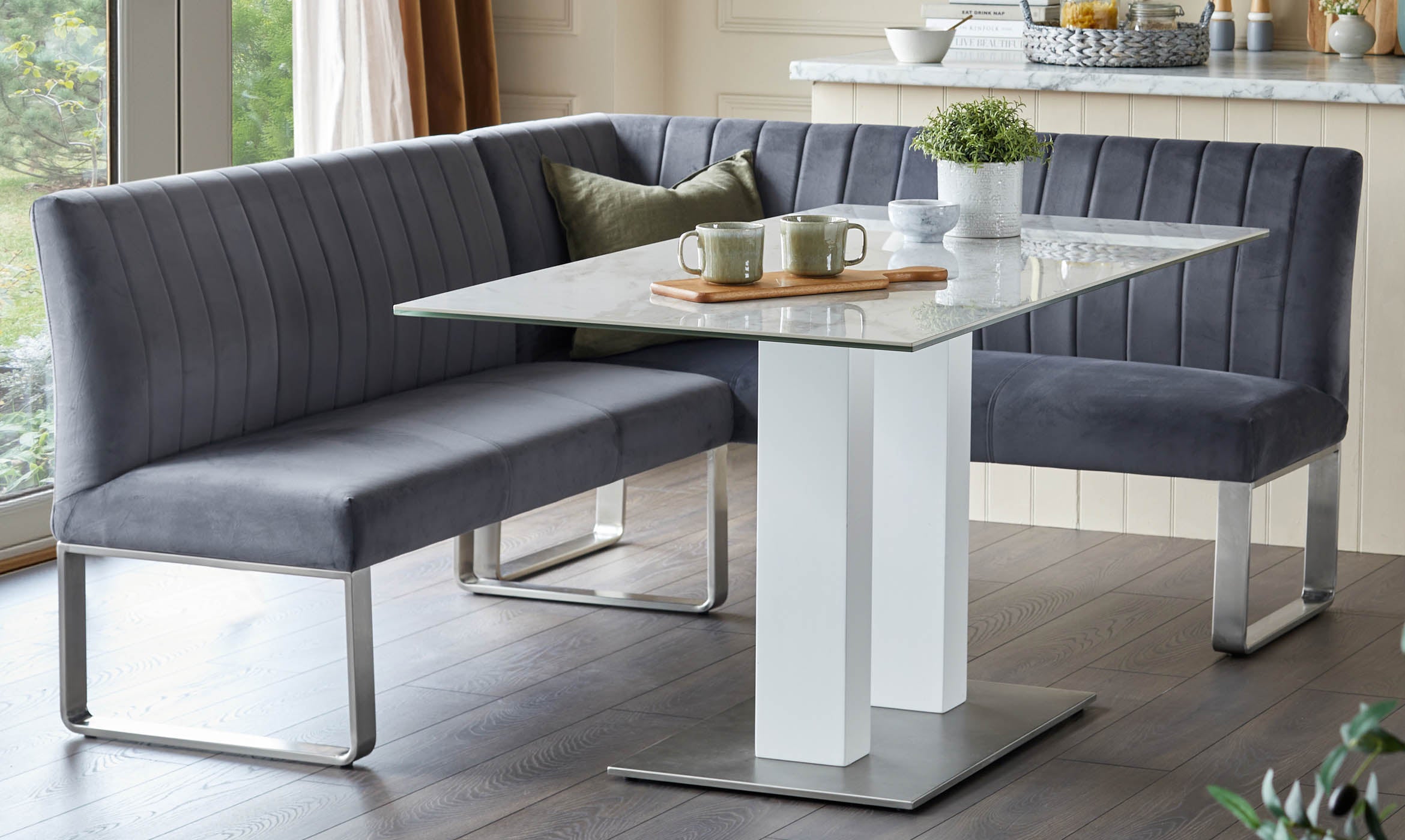 Ophelia Dark Grey Velvet 5 Seater Left Hand Corner Dining Bench