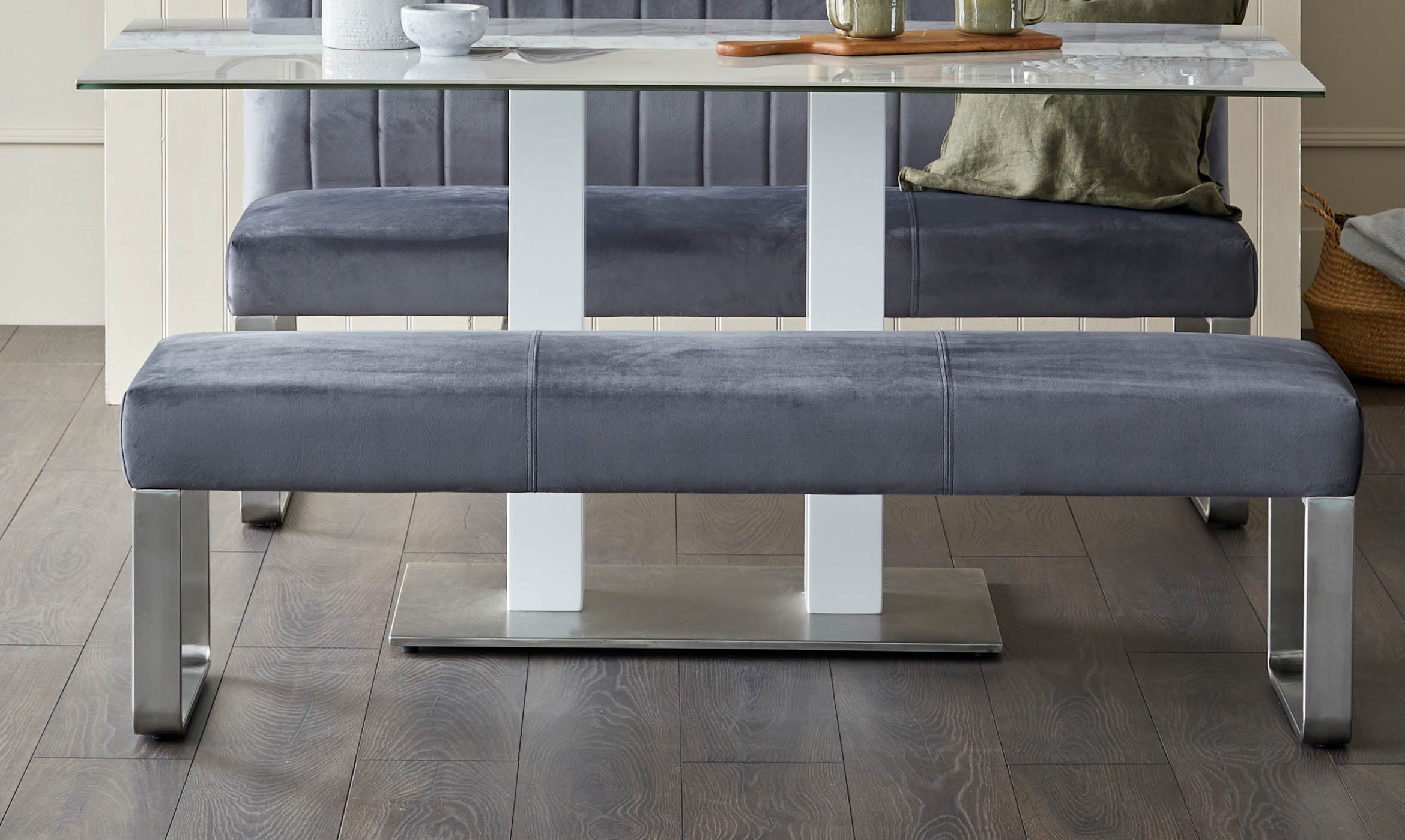 Ophelia 3 Seater Dark Grey Velvet Stainless Steel Bench Without Backrest