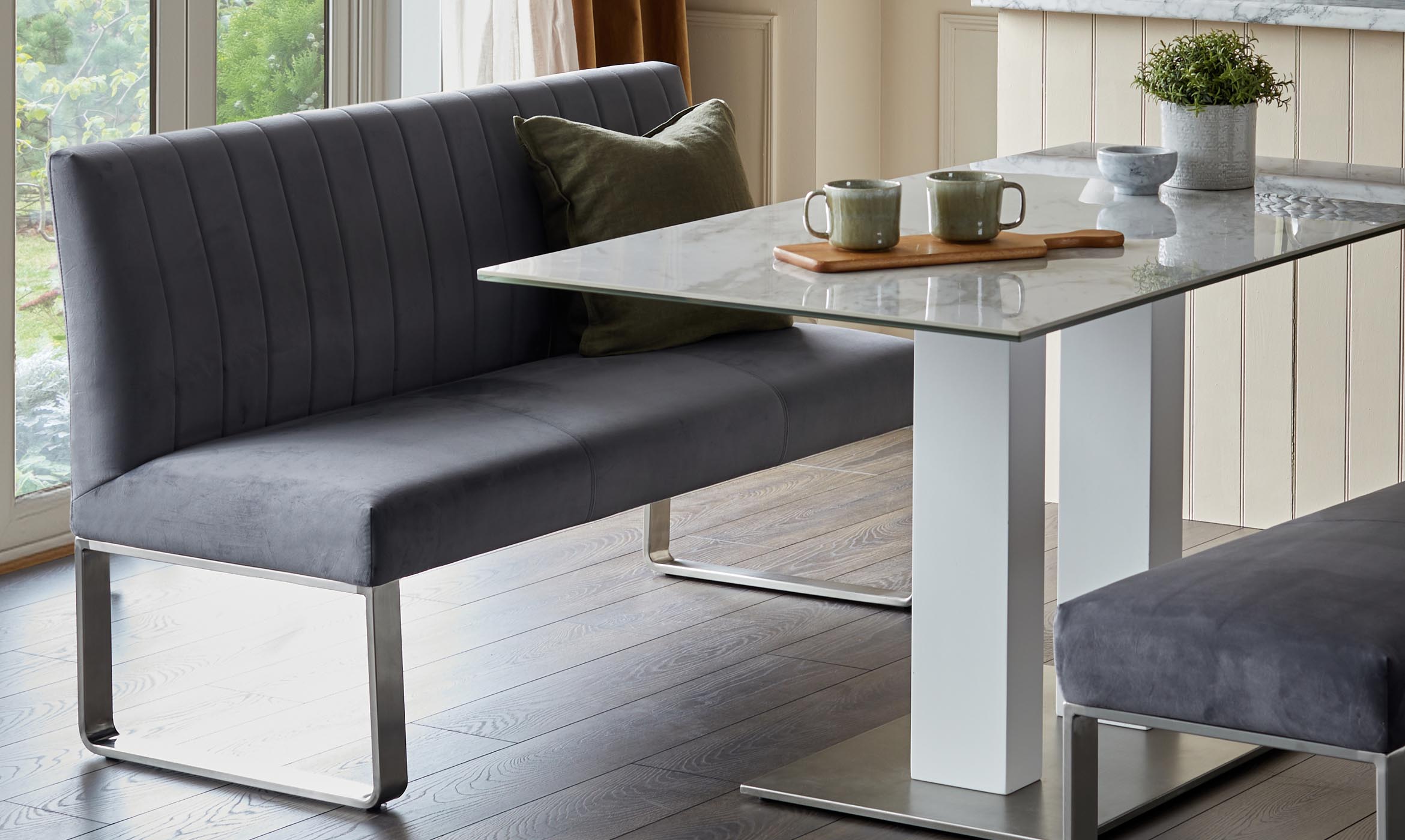 Ophelia 3 Seater Dark Grey Velvet Dining Bench With Backrest