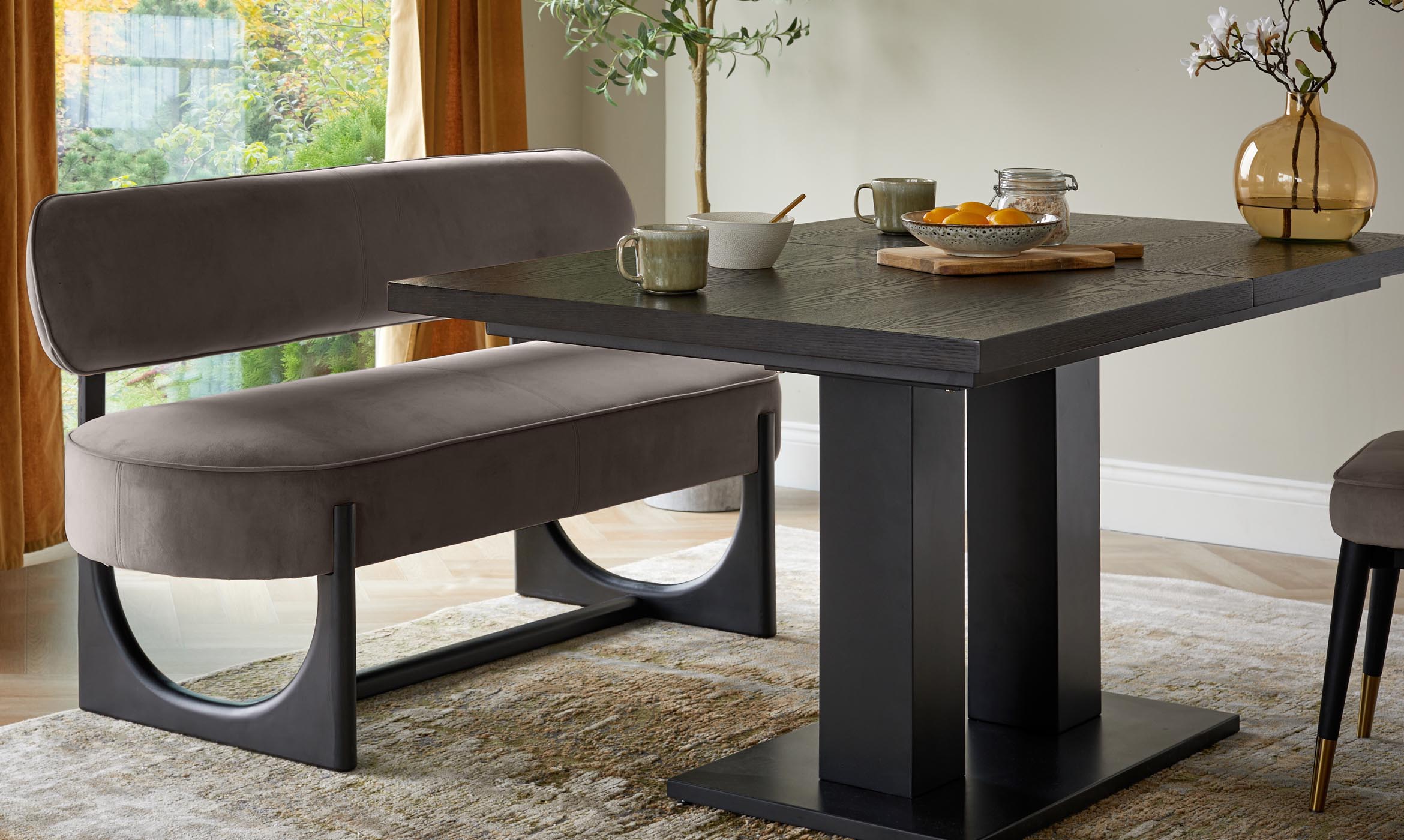 Orlan mocha velvet 3 seater dining bench with backrest