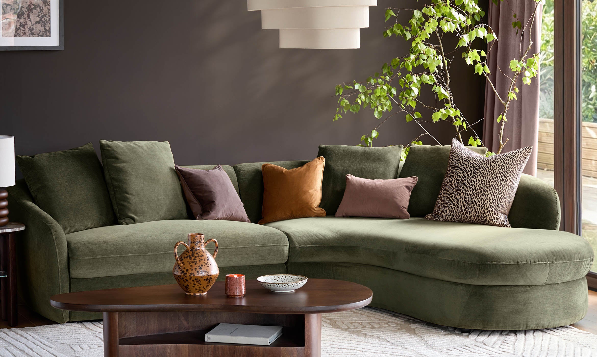 Ottilie olive green chenille right hand corner chaise sofa