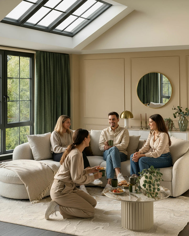 Ottilie left-hand corner chaise sofa in natural fabric, shown in a bright living room with four people relaxing on it.