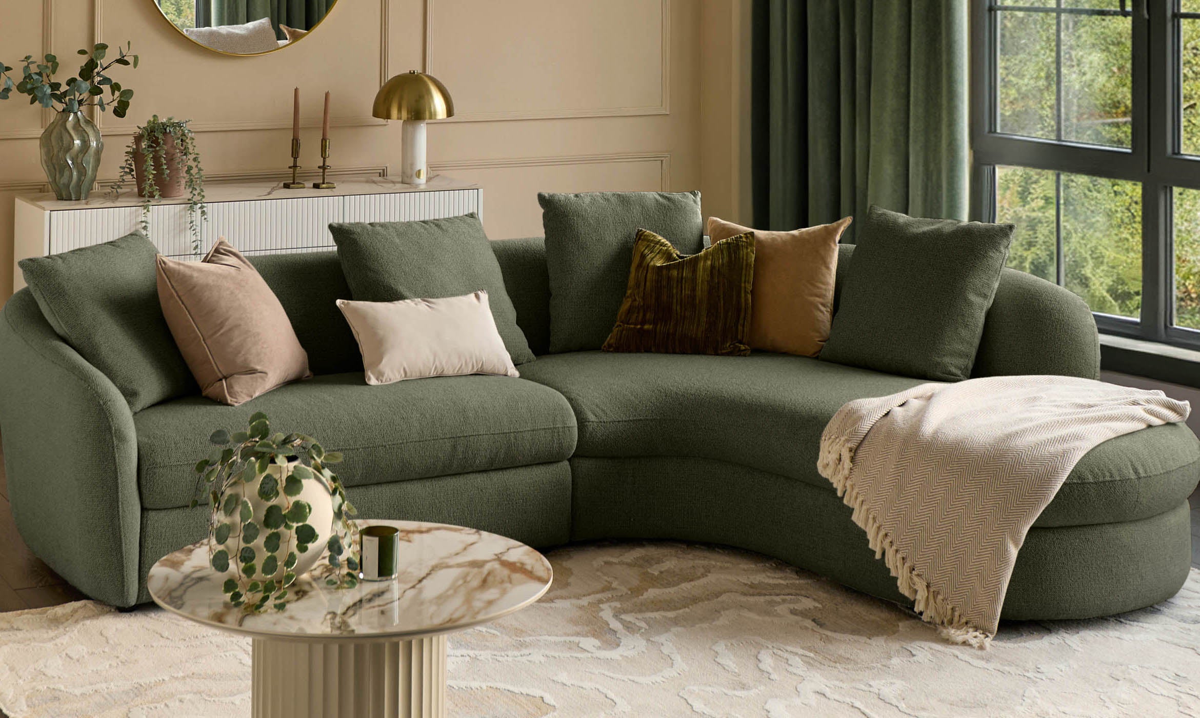 Ottilie olive green chenille right hand corner chaise sofa