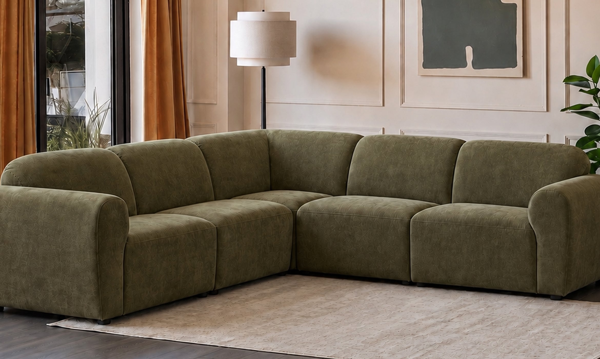 Penny dark green fabric large corner sofa