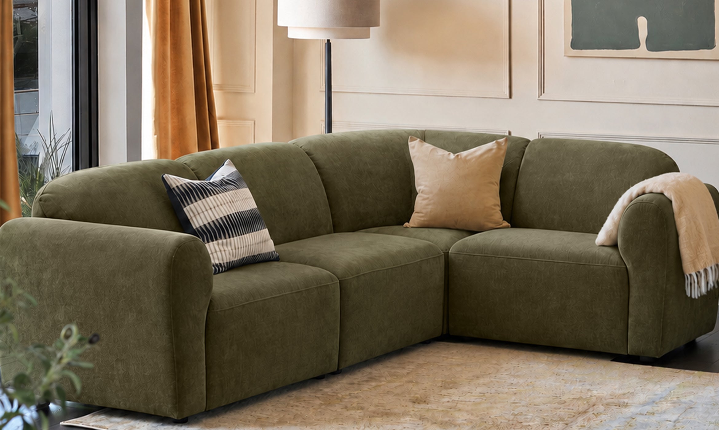Penny dark green fabric small corner sofa