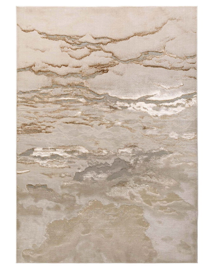Contemporary area rug with an abstract design in neutral shades of beige, taupe, and grey, suitable for modern and transitional interiors.