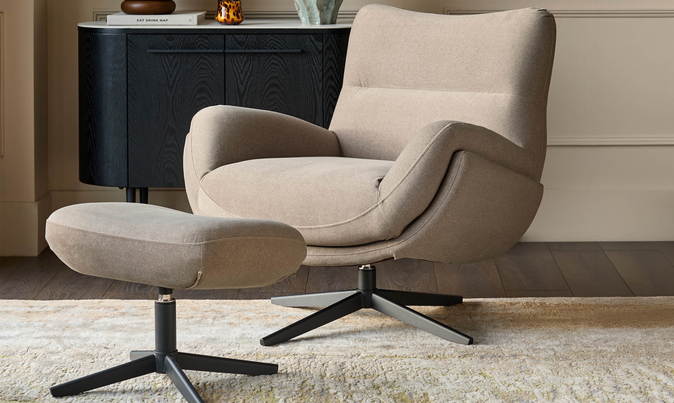 Piper mocha plush fabric occasional chair with footstool