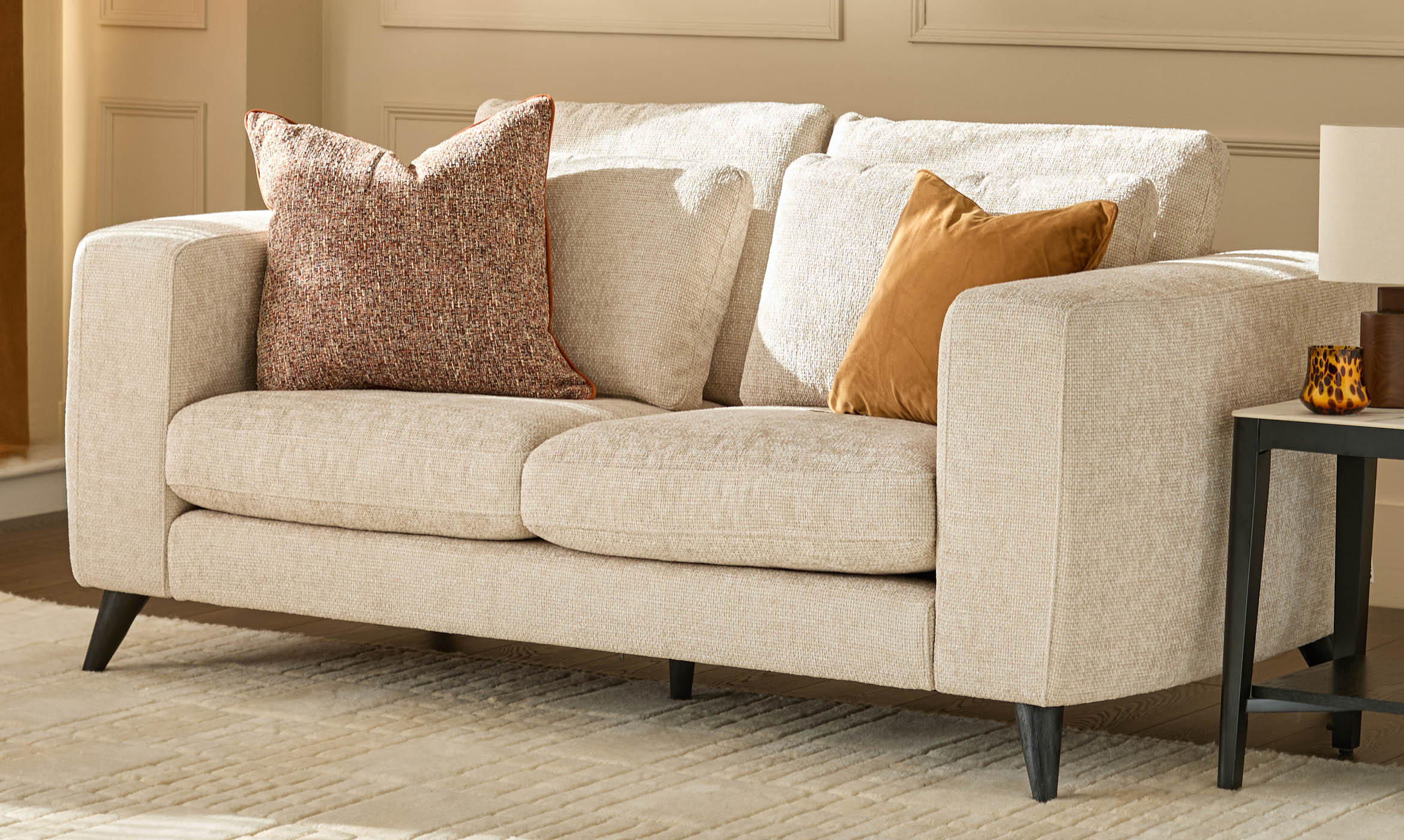 Quinn natural fabric dark wood 2 seater sofa