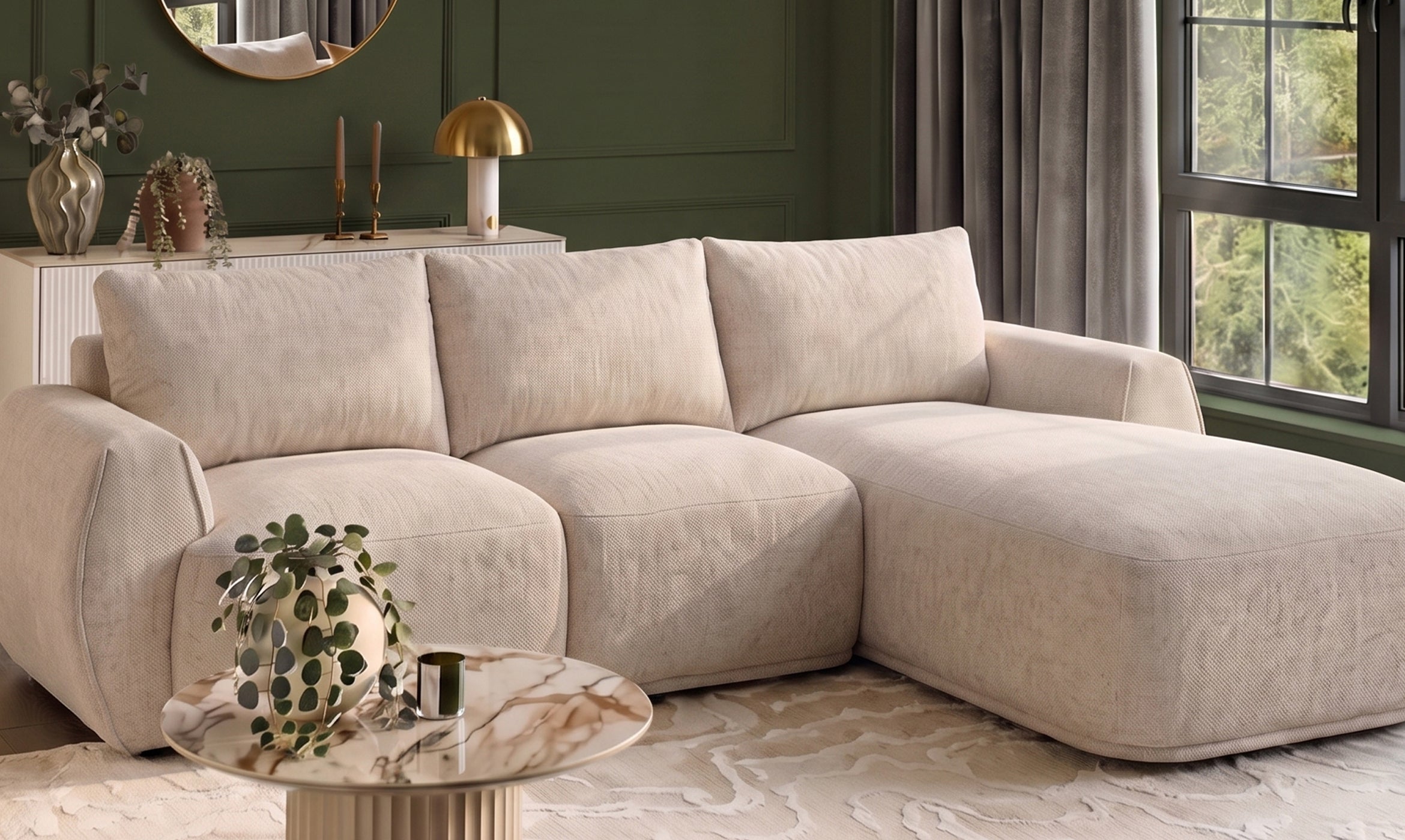 Renato natural fabric right hand facing large chaise sofa