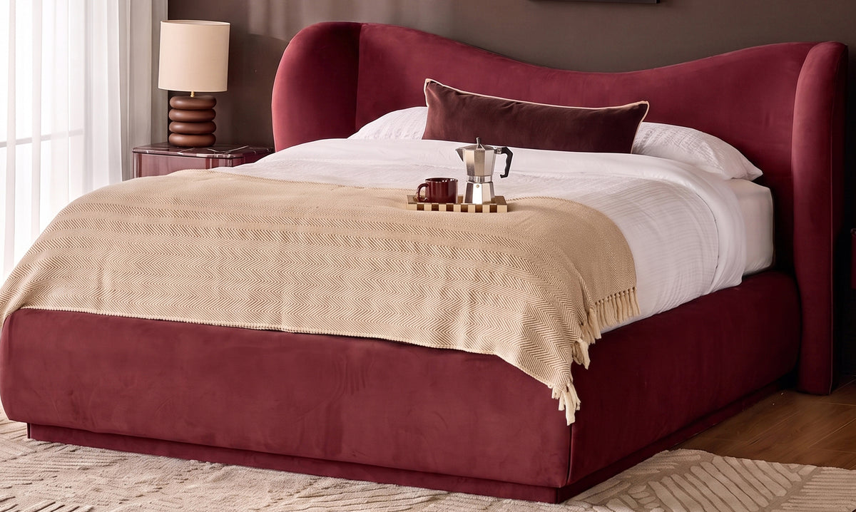 Rhiannon toffee red velvet king size ottoman storage bed