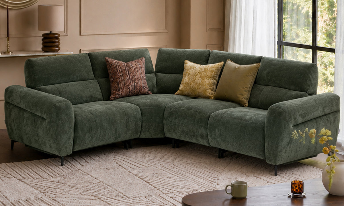 Rhys dark green chenille left hand facing small corner sofa