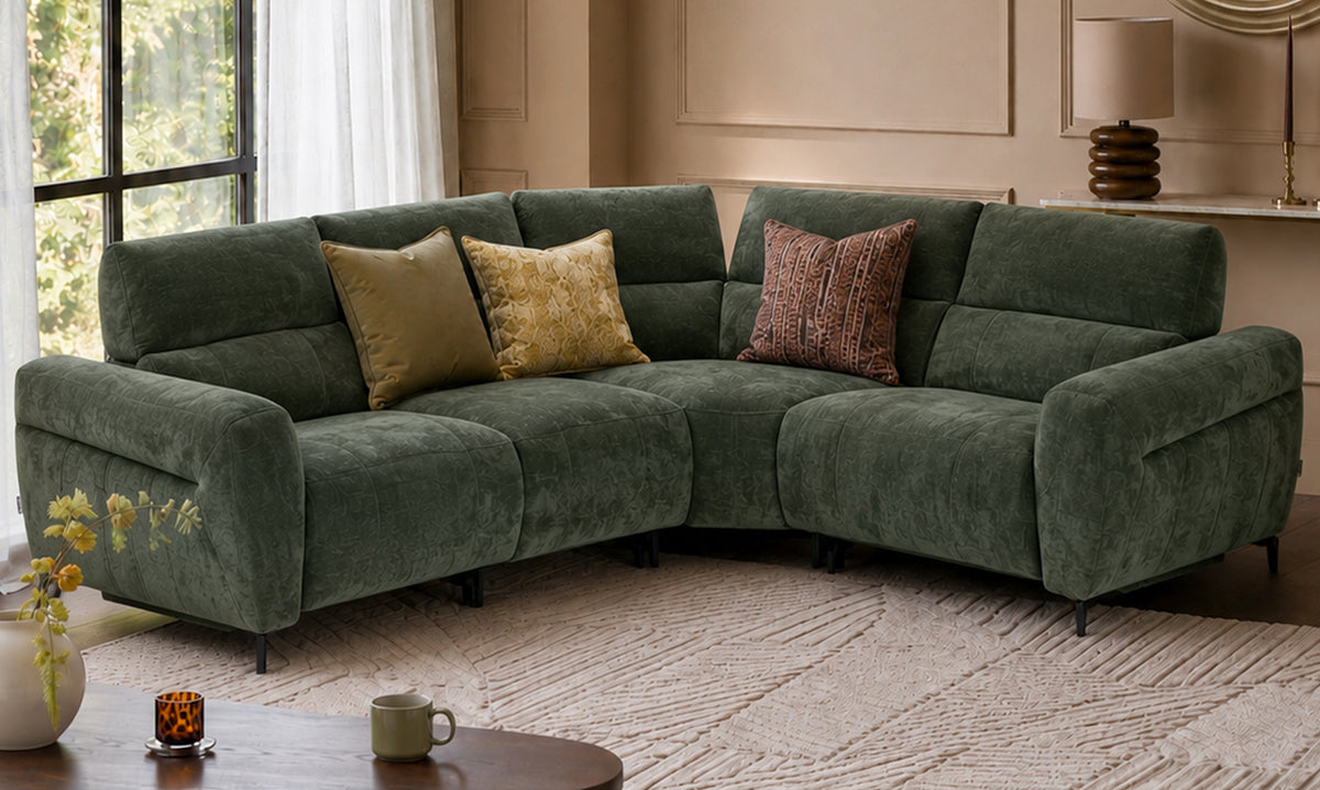 Rhys dark green chenille right hand facing small corner sofa