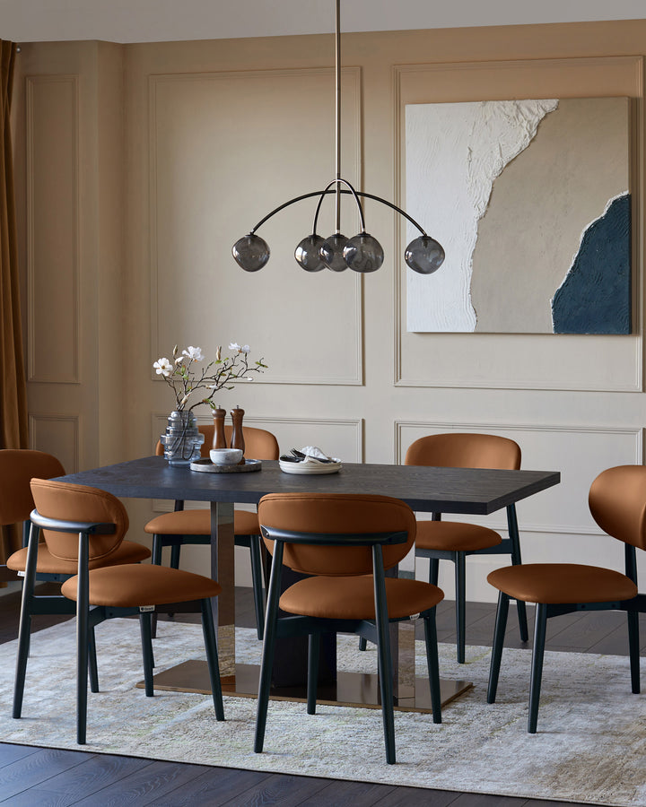 Tan leather dining chair with black wooden legs, shown in a modern dining room setting around a dark table.
