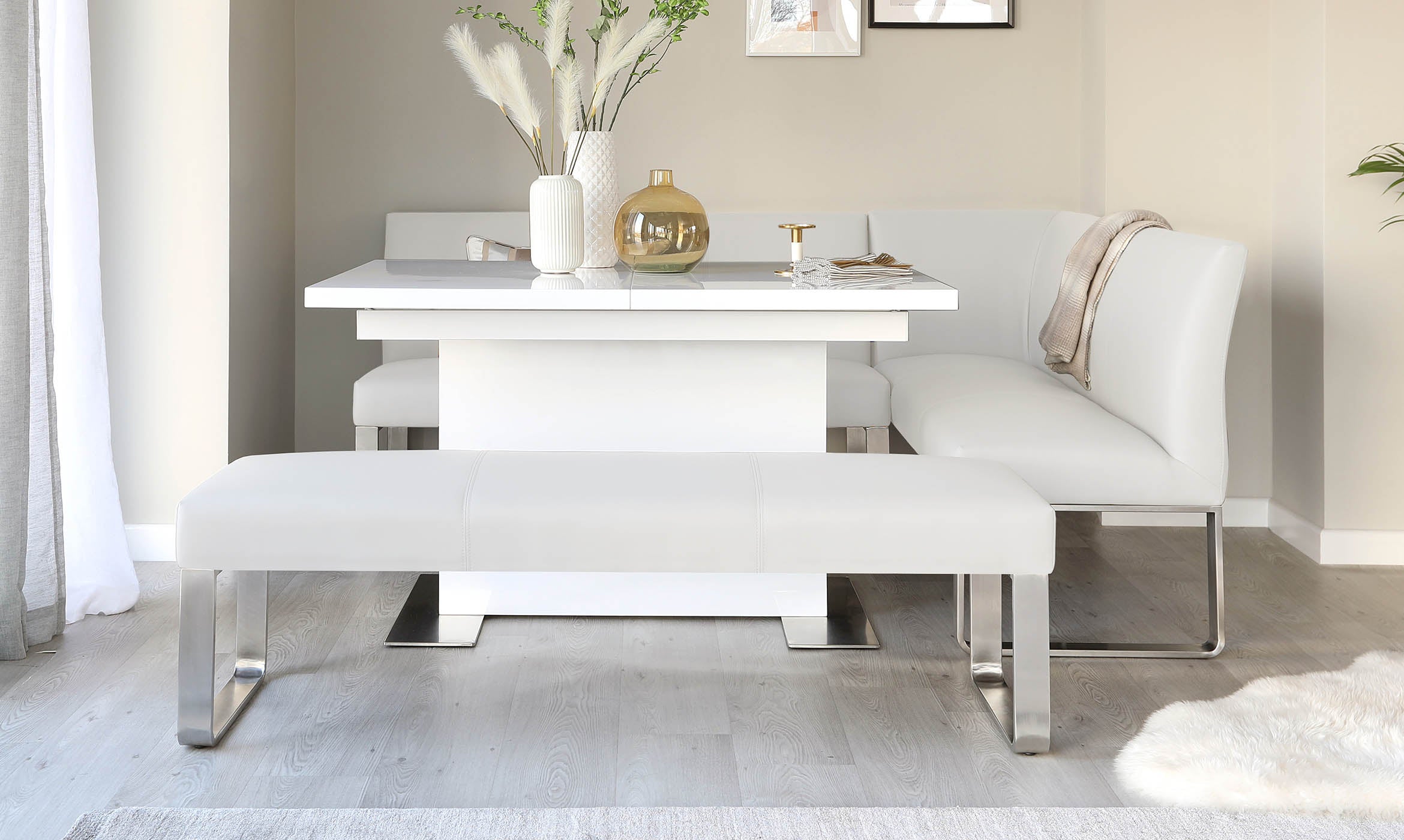 Loop 5 Seater Light Grey Faux Leather & Stainless Steel Left Hand Corner Dining Bench