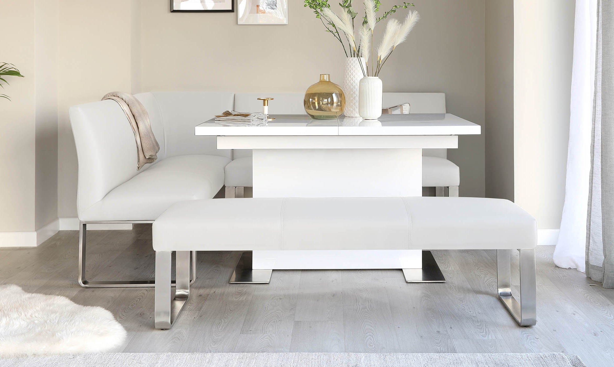 Loop 5 Seater Light Grey Faux Leather & Stainless Steel Right Hand Corner Dining Bench